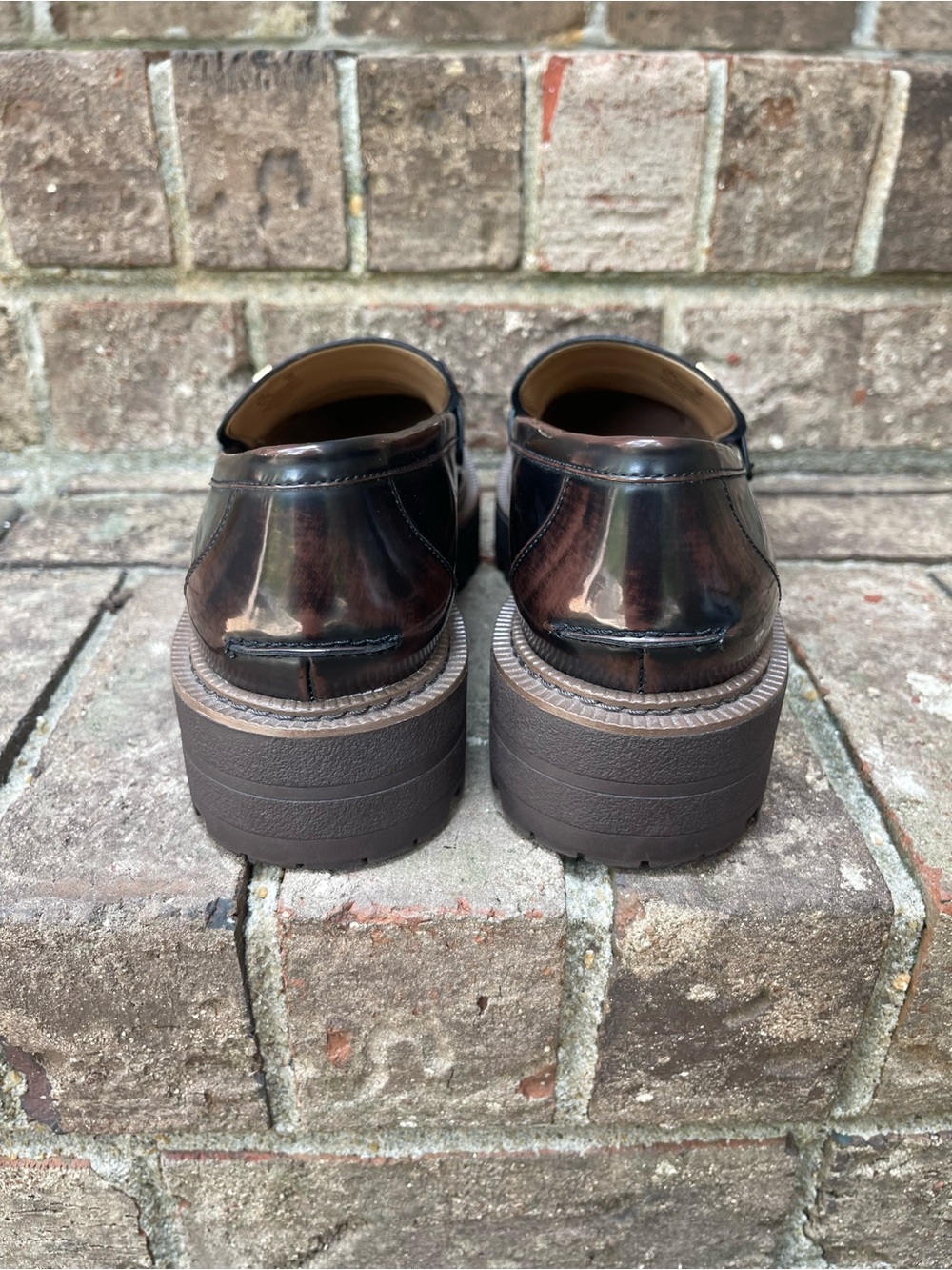 Sam Edelman Brown Lug Sole Horsebit Loafers Glossy Platform Shoes Women’s 8.5 - Picture 13 of 16